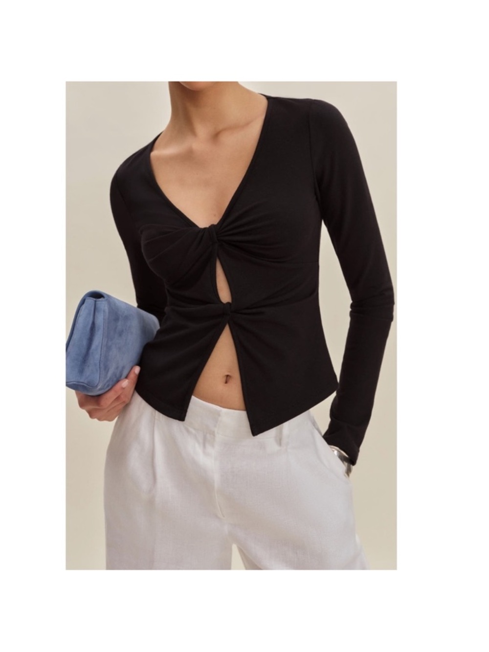 Reformation Silas Twist Detail Stretch Black Cotton Knit Top, M